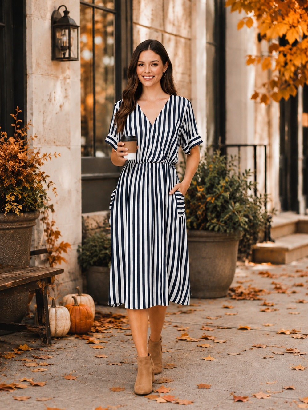 JGee Striped Navy and White Midi Dress with Short Dolman Sleeves V-Neck Preppy